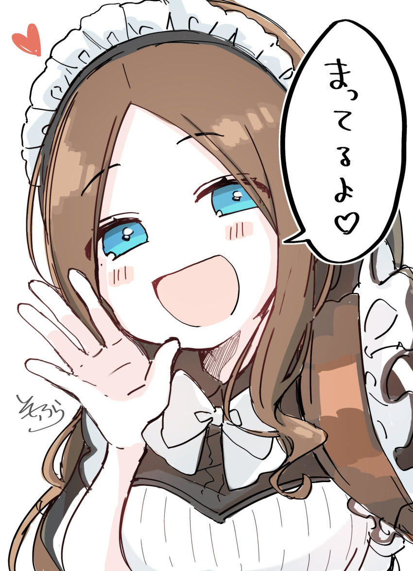 :d black_dress blush_stickers bow breasts brown_hair dress fate/grand_order fate_(series) female forehead hand_up heart highres leonardo_da_vinci_(fate) leonardo_da_vinci_(rider)_(fate) leonardo_da_vinci_(rider)_(second_ascension)_(fate) long_hair maid maid_headdress medium_breasts open_mouth parted_bangs puffy_short_sleeves puffy_sleeves short_sleeves simple_background smile sofra solo translated upper_body white_background white_bow