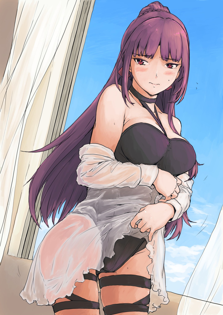 bare_shoulders black_one-piece_swimsuit blush breasts commentary_request cowboy_shot female girls'_frontline highres jacket large_breasts long_hair looking_at_viewer official_alternate_costume one-piece_swimsuit purple_hair red_eyes see-through see-through_jacket solo swimsuit swimsuit_under_clothes vent_arbre wa2000_(girls'_frontline) wa2000_(op._manta_ray)_(girls'_frontline)