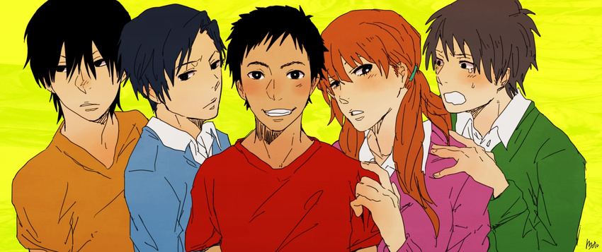 4boys black_hair blush boo-chan crayon_shin-chan female grin hair_ornament highres kazama_tooru long_hair looking_at_viewer multiple_boys nohara_shinnosuke older orange_hair sakurada_nene sato_masao satou_masao short_hair simple_background smile