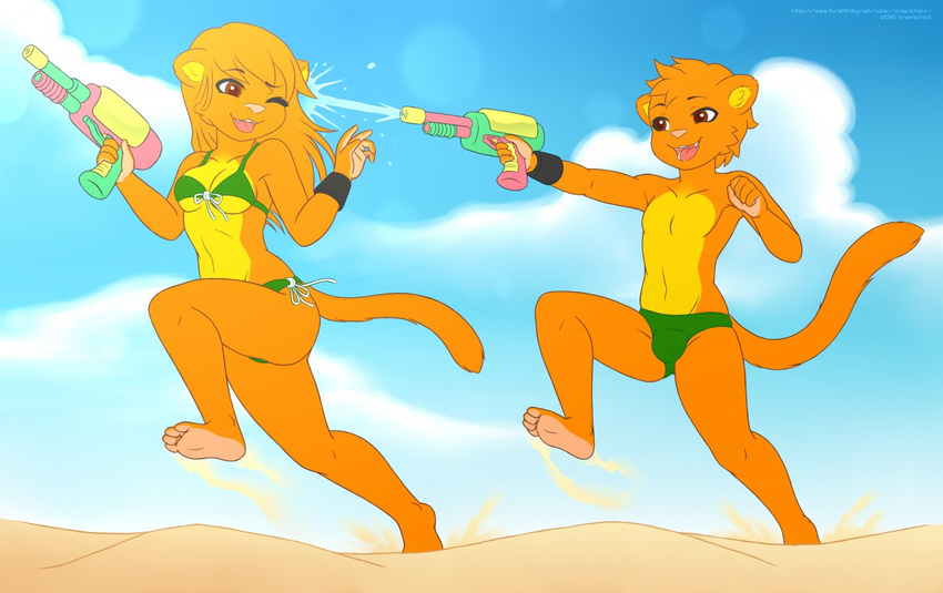 2016 anthro bear bikini briefs brother_(lore) brothers_(lore) clothing digital_media_(artwork) felid female fur green_bikini green_briefs green_clothing green_swimwear green_underwear hybrid male mammal orange_body orange_fur saria_vaznez_(usuario2) sergio_vaznez_(usuario2) sibling_(lore) swimwear toy toy_gun twins_(lore) underwear water_gun xnanchox