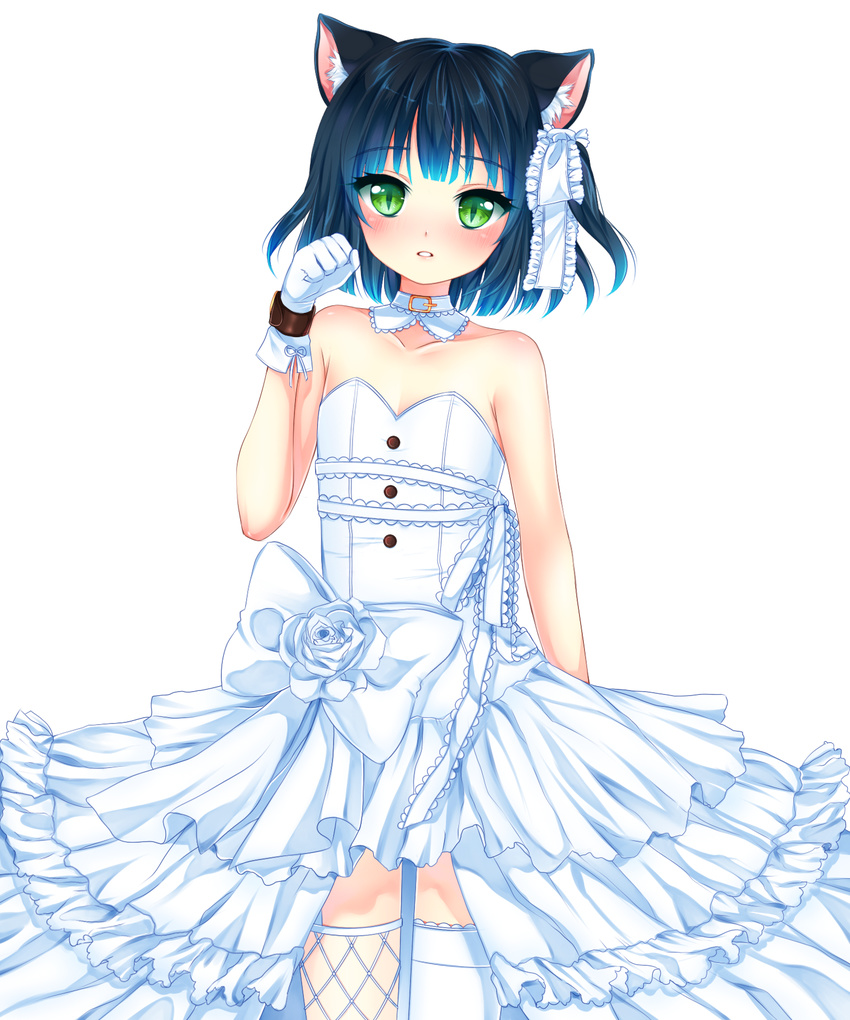 1boy animal_ears black_hair blue_hair cat_boy cat_ears dress flat_chest gloves gradient_hair green_eyes highres male_focus multicolored_hair nami_(nyaa) otoko_no_ko ryoune_yami short_hair solo source_request utau wedding_dress white_gloves