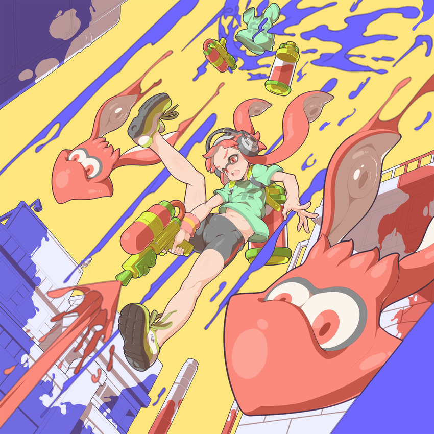 bad_id bad_pixiv_id bike_shorts building cameltoe falling female green_shirt headphones highres ink_tank_(splatoon) inkling inkling_girl inkling_player_character long_hair midriff navel open_mouth paint_splatter red_hair shirt shorts sidelocks slime_(substance) splatoon_(series) splatoon_1 splattershot_(splatoon) squid squirting_liquid super_soaker tenako_(mugu77) tentacle tentacle_hair