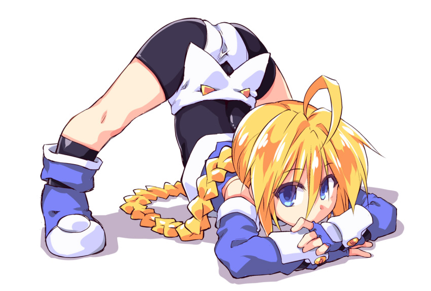 ahoge arm_rest ass bike_shorts black_bodysuit black_shorts blonde_hair blue_eyes blue_footwear blue_shirt bodysuit boots braid commentary_request elbow_gloves female fingerless_gloves flexible girl_with_a_blonde_braid_(tomoshibi_hidekazu) gloves hands_on_ground jack-o'_challenge legs legs_apart long_braid long_hair original panties panties_over_bike_shorts ponytail shirt shorts sleeveless sleeveless_shirt solo spread_legs thighs tomoshibi_hidekazu top-down_bottom-up underwear very_long_hair white_panties wide_spread_legs