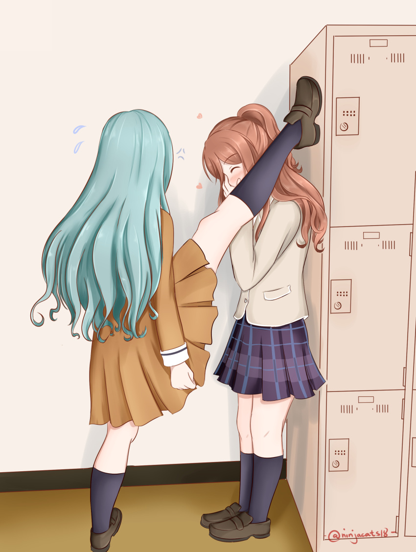 2girls absurdres anger_vein bang_dream! brown_hair closed_eyes flying_sweatdrops foot_kabedon green_hair heart highres hikawa_sayo imai_lisa indoors kabedon locker locker_foot_kabedon_(meme) meme multiple_girls ninjacats18 split standing standing_on_one_leg standing_split twitter_username yuri