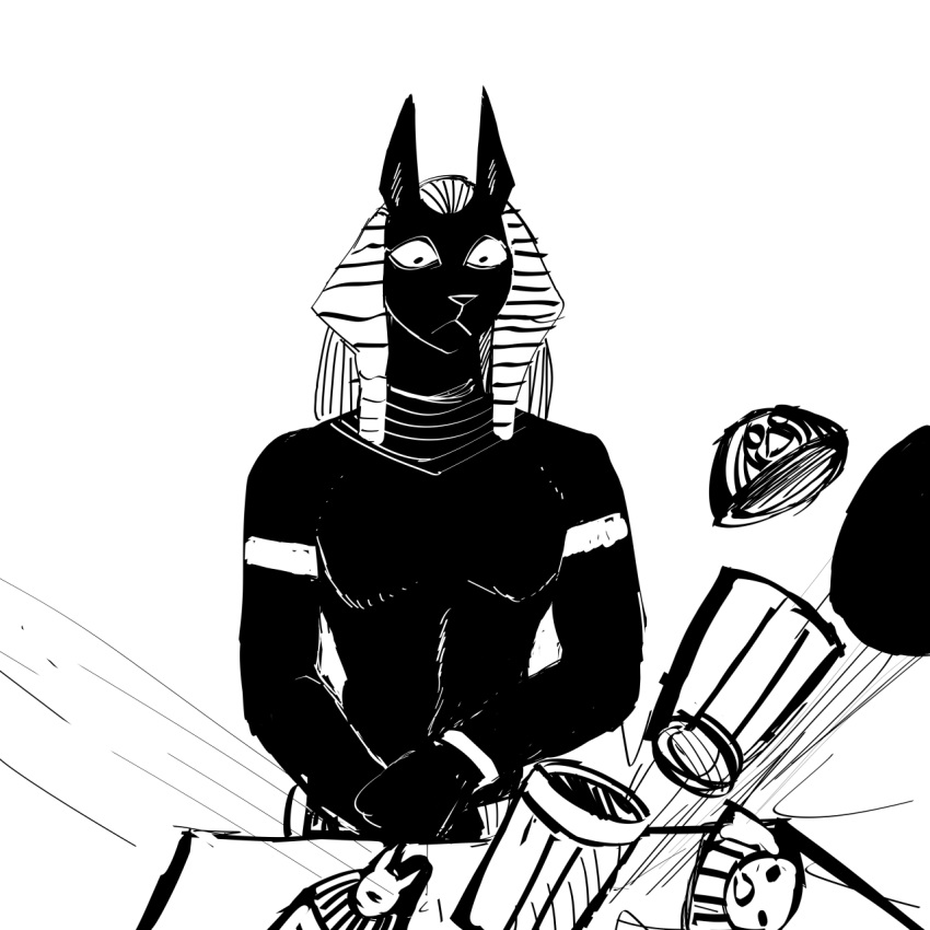 1:1 2020 anthro anubian_jackal anubis ball canid canine canis canopic_jar deity egyptian_mythology headdress hi_res hladilnik jackal male mammal middle_eastern_mythology monochrome mythology simple_background solo surprise urn white_background