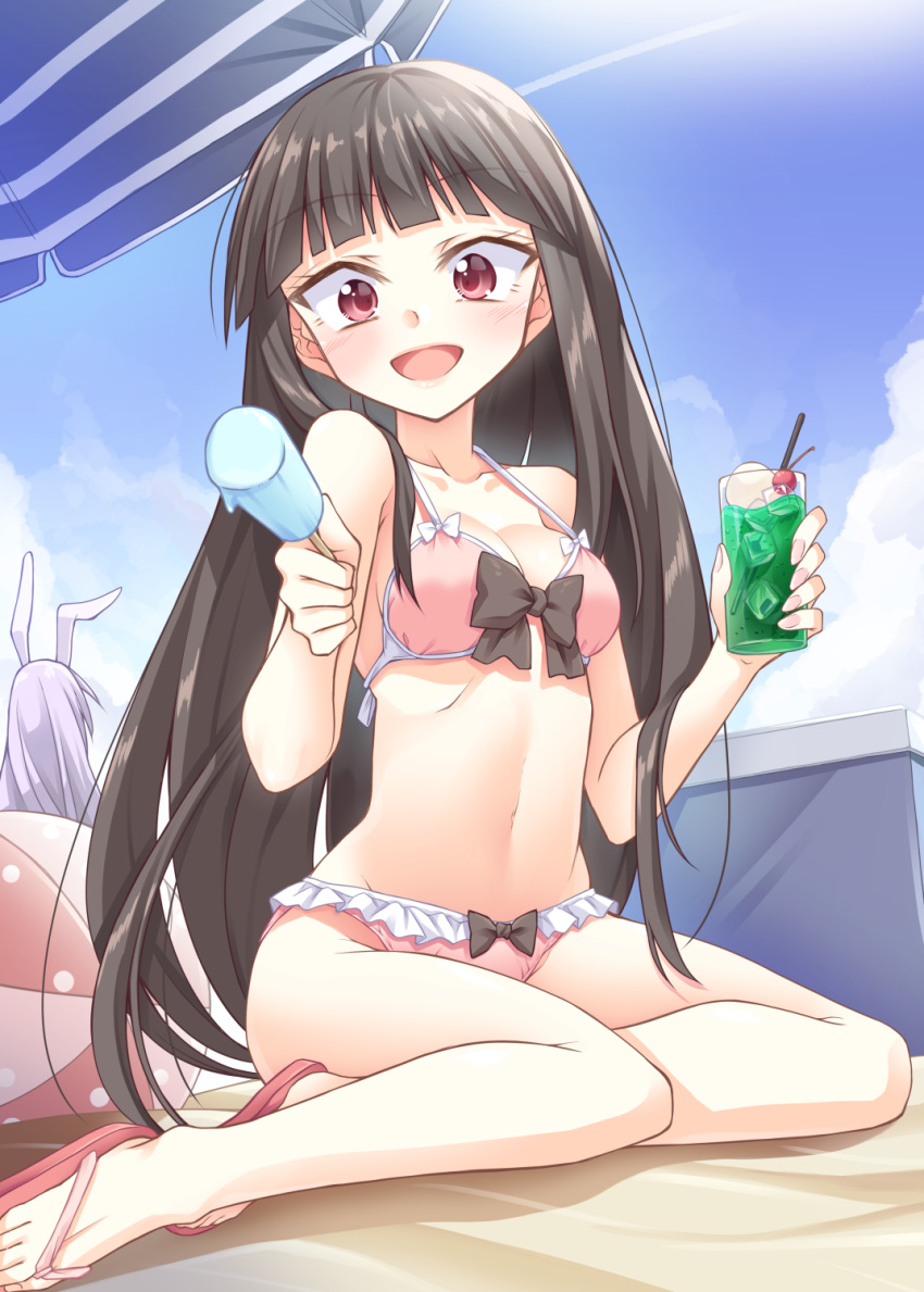 2girls :d animal_ears bad_id bad_pixiv_id ball beach_umbrella beachball bikini black_bow black_hair blue_sky blunt_bangs blush bow breasts cherry cloud collarbone commentary_request cooler cup day drinking_glass food frills from_behind fruit groin hands_up highres holding holding_cup holding_food houraisan_kaguya ice ice_cube ina_(inadahime) long_hair looking_at_viewer medium_breasts multiple_girls nail_polish navel open_mouth outdoors partial_commentary pink_bikini pink_footwear pink_nails popsicle purple_hair rabbit_ears red_eyes reisen_udongein_inaba sandals shadow sitting sky smile stomach swimsuit thighs touhou umbrella very_long_hair white_bow yokozuwari