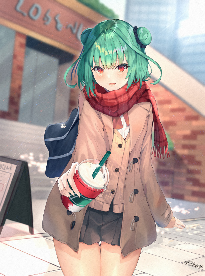 :3 absurdres alternate_costume aqua_hair bag black_skirt brown_jacket buttons cowboy_shot double_bun drinking_straw female hair_bun handbag highres hololive jacket looking_at_viewer medium_hair open_mouth outdoors outstretched_arm plaid plaid_scarf print_cup red_eyes red_scarf scarf shiina_aoi skirt solo sweater_vest thighs twitter_username uruha_rushia virtual_youtuber