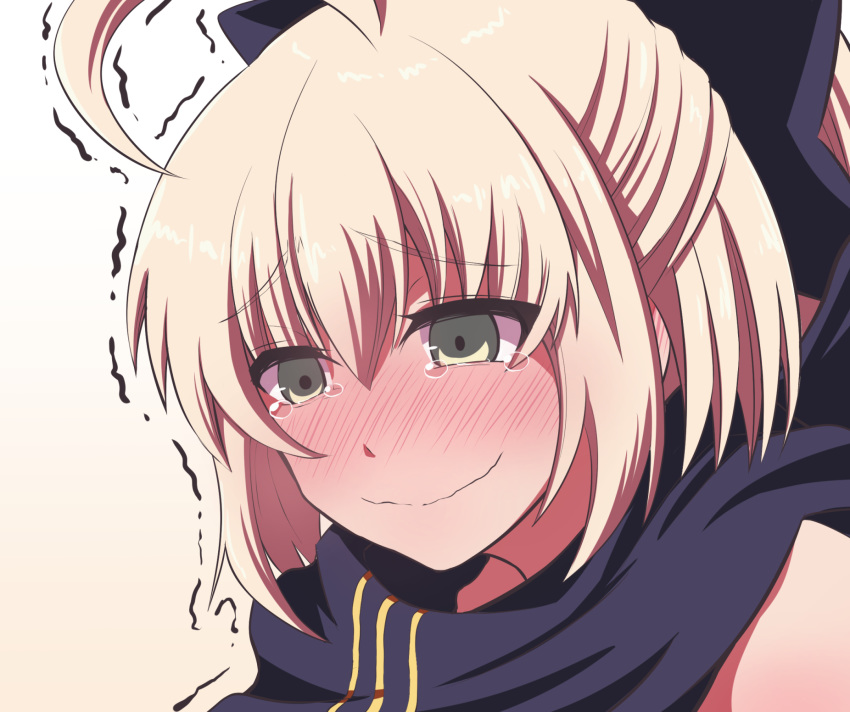 ahoge bare_shoulders black_scarf blush bow brown_eyes commentary_request embarrassed fate/grand_order fate_(series) female fujitaka_nasu hairbow highres ijimeka_(meme) light_brown_hair looking_down meme okita_j._souji_(fate) okita_j._souji_(first_ascension)_(fate) okita_souji_(fate) scarf short_hair smile solo tearing_up upper_body v