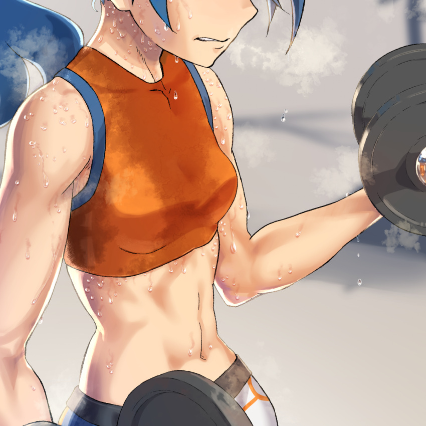 bare_shoulders battle_girl_(pokemon) blue_hair blurry blurry_background breath clenched_teeth close-up commission crop_top dripping exercising female gym head_out_of_frame highres motion_lines navel orange_sports_bra partially_obscured pokemon pokemon_oras sports_bra sportswear stain stained_clothes steam stomach sweat sweaty_clothes teeth training translation_request trembling upper_body very_sweaty weightlifting weights wet wet_clothes yachi_(fujiyasu0616)