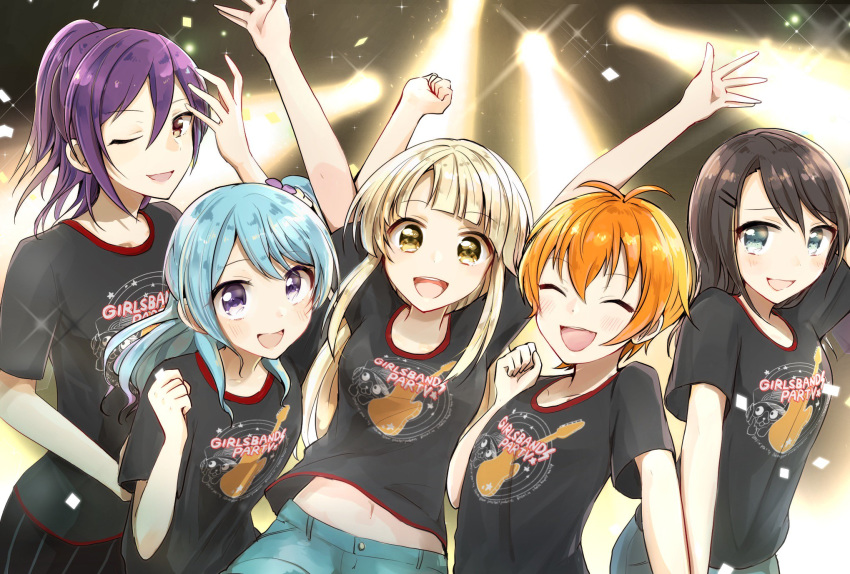 5girls :d \o/ ^_^ antenna_hair arms_up bad_id bad_twitter_id bang_dream! black_hair black_shirt blonde_hair blush clenched_hand clenched_hands closed_eyes confetti diffraction_spikes group_picture hair_ornament hairclip half_updo hello_happy_world! highres kitazawa_hagumi long_hair matsubara_kanon multiple_girls navel okusawa_misaki one_side_up open_mouth orange_hair outstretched_arms print_shirt purple_eyes purple_hair raised_fist semikaskas seta_kaoru shirt short_hair smile stage_lights t-shirt tsurumaki_kokoro yellow_eyes