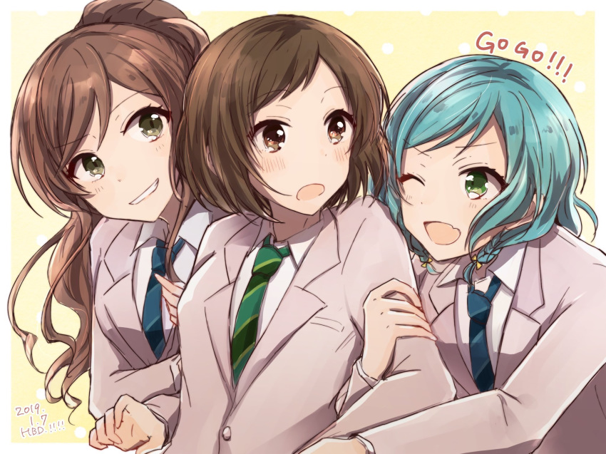 3girls :o ;d aqua_hair bad_id bad_twitter_id bang_dream! blazer blue_neckwear braid brown_eyes brown_hair commentary_request dated green_eyes green_necktie grey_jacket grin half_updo haneoka_school_uniform happy_birthday hazawa_tsugumi highres hikawa_hina imai_lisa jacket long_hair multiple_girls necktie one_eye_closed open_mouth polka_dot polka_dot_background school_uniform semikaskas short_hair side_braids smile striped striped_necktie upper_body yellow_background