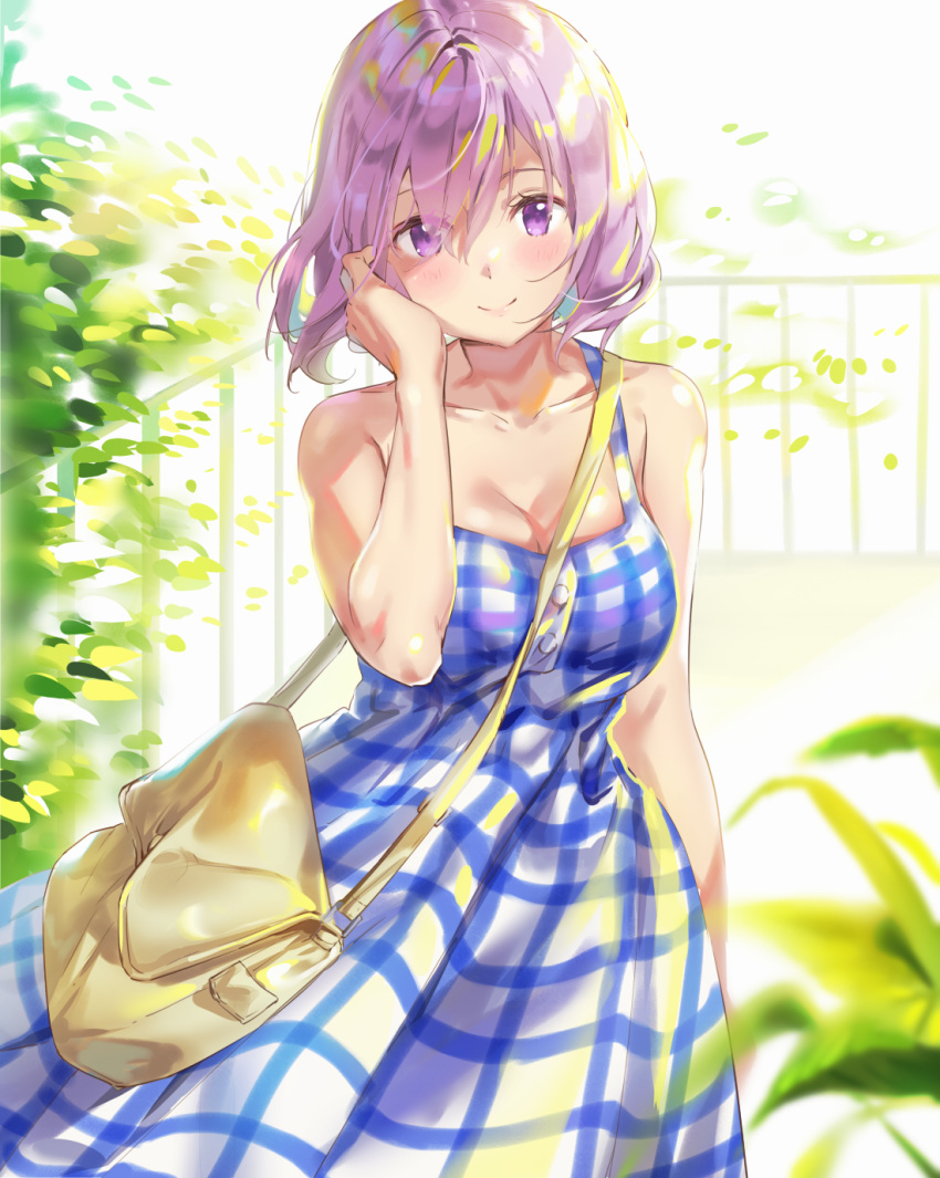 bag bare_arms bare_shoulders blue_dress blush breasts cherim cleavage closed_mouth collarbone commentary_request dress fate/grand_order fate_(series) female hair_between_eyes hand_up highres large_breasts long_dress looking_at_viewer mash_kyrielight mash_kyrielight_(senpai_killer_outfit) official_alternate_costume plaid plant purple_eyes purple_hair short_hair shoulder_bag sleeveless sleeveless_dress smile solo sunlight