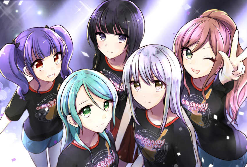 5girls ;d aqua_hair bad_id bad_twitter_id bang_dream! black_eyes black_hair black_shirt brown_hair clothes_writing denim denim_shorts diffraction_spikes green_eyes grey_eyes grey_hair grin group_picture highres hikawa_sayo imai_lisa long_hair looking_at_viewer minato_yukina multiple_girls one_eye_closed open_mouth print_shirt purple_hair red_eyes roselia_(bang_dream!) semikaskas shirokane_rinko shirt short_sleeves shorts sidelocks smile t-shirt twintails udagawa_ako w