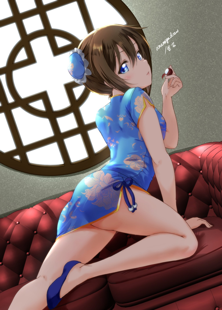 amamiya_(re-amamiya) arm_support ass bare_legs blue_dress blue_eyes blue_footwear blush breasts brown_hair bun_cover china_dress chinese_clothes commentary_request couch double_bun dress dutch_angle female floral_print hair_bun hand_up highres indoors legs looking_at_viewer love_live! love_live!_nijigasaki_high_school_idol_club medium_breasts on_couch osaka_shizuku parted_lips print_dress short_sleeves sidelocks sideways_glance signature solo thighs window