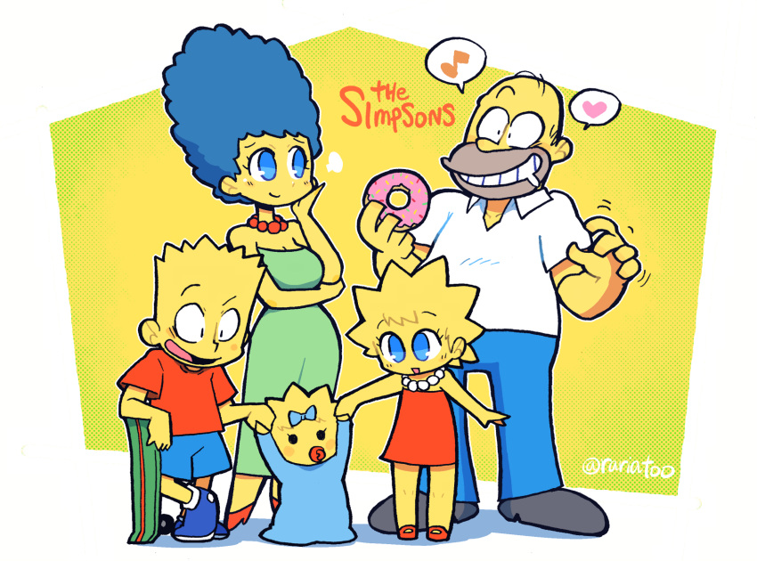 2boys 3girls artist_name baby bart_simpson blue_eyes blue_hair blue_pants blue_shorts blush breasts commentary copyright_name doughnut dress english_commentary family food green_dress grin heart highres homer_simpson husband_and_wife lisa_simpson lolicon long_hair maggie_simpson marge_simpson multiple_boys multiple_girls musical_note open_mouth orange_dress pants puff_of_air rariatto_(ganguri) saliva shirt shorts simple_background skateboard smile spoken_heart spoken_musical_note standing the_simpsons toon_(style) twitter_username white_shirt