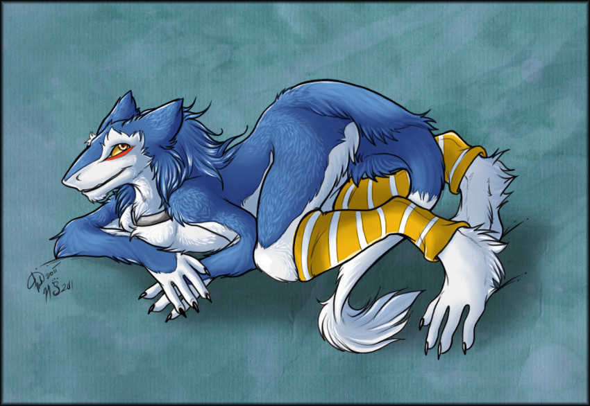 2011 all_fours anthro ass blue_body blue_fur blue_hair charu clothing collaboration collar fur hair kwik_(artist) leg_warmers legwear male mammal markus_(dowantanaccount) sergal solo tail