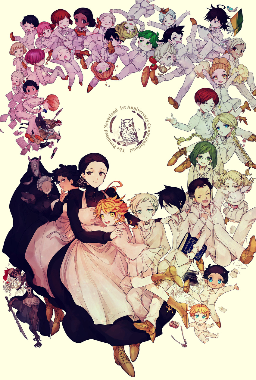 absurdres alicia_(yakusoku_no_neverland) anna_(yakusoku_no_neverland) barefoot bird black_hair blonde_hair blue_eyes book bread brown_eyes brown_footwear bug butterfly camera carol_(yakusoku_no_neverland) chamberlain_(yakusoku_no_neverland) chris_(yakusoku_no_neverland) conny_(yakusoku_no_neverland) copyright_name damdin_(yakusoku_no_neverland) dark_skin demon demon_girl dominic_(yakusoku_no_neverland) don_(yakusoku_no_neverland) emma_(yakusoku_no_neverland) english_text eugene_(yakusoku_no_neverland) flower food freckles gilda_(yakusoku_no_neverland) glasses grandmother_(yakusoku_no_neverland) green_eyes green_hair hans_(yakusoku_no_neverland) hat highres horns isabella_(yakusoku_no_neverland) jasper_(yakusoku_no_neverland) jemima_(yakusoku_no_neverland) key lannion_(yakusoku_no_neverland) leslie_(yakusoku_no_neverland) mark_(yakusoku_no_neverland) marker_(medium) marnya_(yakusoku_no_neverland) millipen_(medium) multiple_boys multiple_girls musica_(yakusoku_no_neverland) naila_(yakusoku_no_neverland) nat_(yakusoku_no_neverland) neck_tattoo nina_(yakusoku_no_neverland) norman_(yakusoku_no_neverland) number_tattoo one_eye_closed onion open_mouth orange_hair owl phil_(yakusoku_no_neverland) pink_hair pom_pom_(cheerleading) ray_(yakusoku_no_neverland) rossi_(yakusoku_no_neverland) sherry_(yakusoku_no_neverland) sister_krone skirt smile sung-joo_(yakusoku_no_neverland) tattoo thoma_(yakusoku_no_neverland) tomato traditional_media vivian_(yakusoku_no_neverland) white_hair white_skirt yakusoku_no_neverland yawning yokosuka_(jyamuojisan7) yvette_(yakusoku_no_neverland)