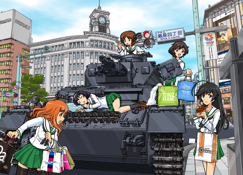 5girls :d ahoge akiyama_yukari anachronism bag black_eyes black_hair black_socks black_thighhighs blouse blue_eyes blunt_bangs blush brown_eyes brown_footwear brown_hair caterpillar_tracks chains chuuou_(tokyo) city clock closed_mouth commentary_request contemporary day doughnut food ginza_(tokyo) ginza_wako girls_und_panzer green_skirt hairband headphones highres isuzu_hana lim long_hair long_sleeves lying messy_hair military military_vehicle miniskirt mitsukoshi_(department_store) motor_vehicle multiple_girls neckerchief nishizumi_miho olympic_rings on_side ooarai_school_uniform open_mouth orange_eyes orange_hair outdoors panzer_iv photoshop_(medium) pleated_skirt real_world_location reizei_mako school_uniform seiko_(company) serafuku shirt shoes shopping_bag short_hair skirt sky sleeping smile socks takebe_saori tank thighhighs throat_microphone tokyo_(city) tokyu_hands traffic_light white_shirt