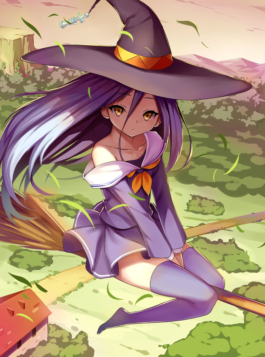 :< between_legs broom broom_riding chess_piece collarbone commentary_request crazyodin female full_body hair_between_eyes hand_between_legs hat highres hill house long_hair long_sleeves looking_at_viewer neckerchief no_game_no_life no_shoes off_shoulder outdoors path photoshop_(medium) pleated_skirt purple_hair purple_thighhighs road school_uniform serafuku shiro_(no_game_no_life) shirt skirt solo thighhighs v_arms white_hair witch_hat yellow_eyes