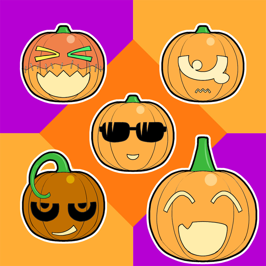 >_< :d closed_eyes commentary_request doppel_(monster_musume) halloween jack-o'-lantern kouda_tomohiro manako monster_musume_no_iru_nichijou ms._smith no_humans objectification oerba_yun_fang one-eyed open_mouth pumpkin sharp_teeth smile smirk stitches sunglasses tears teeth tionishia wavy_mouth xd zombina_(monster_musume)