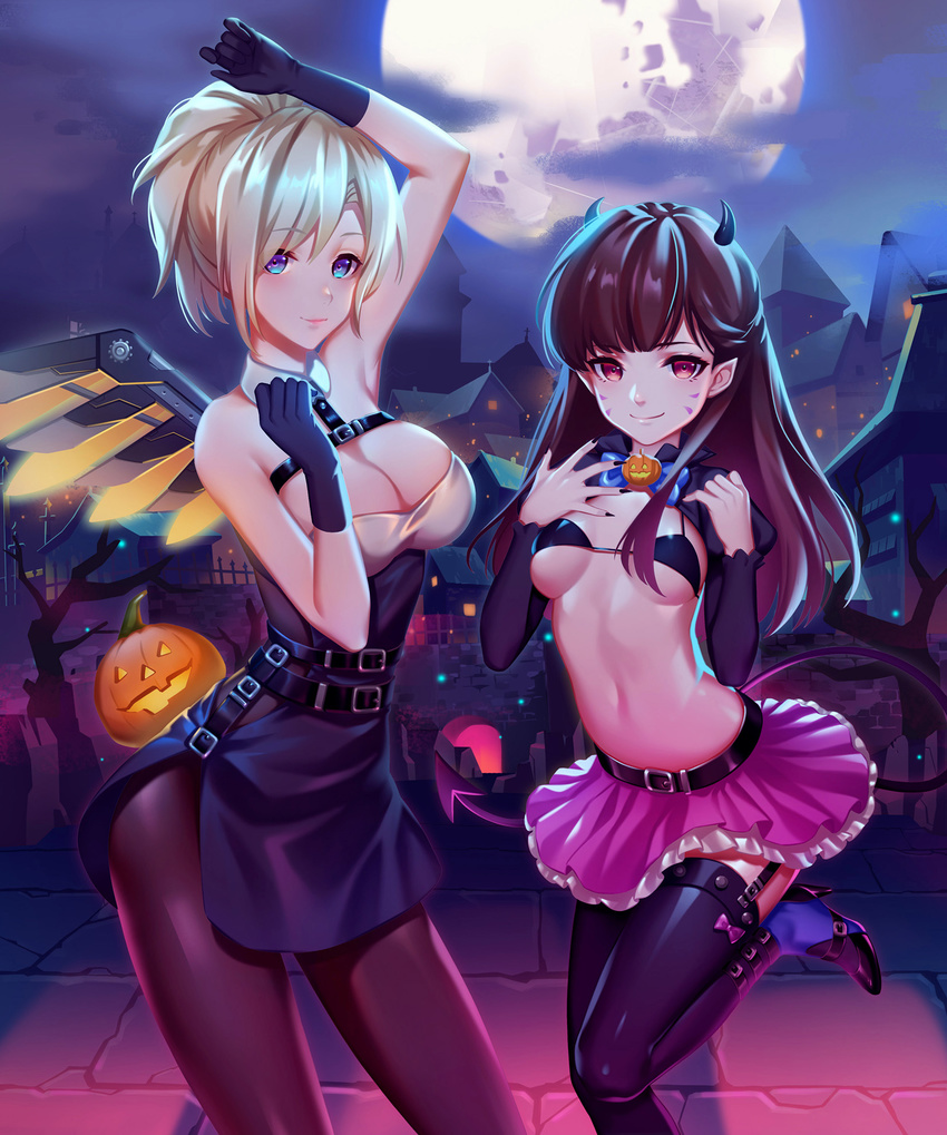 2girls alternate_eye_color arm_up bad_id bad_pixiv_id bare_shoulders belt belt_buckle bikini bikini_top_only black_belt black_bikini black_dress black_gloves black_legwear black_nails blonde_hair blue_bow blue_bowtie blue_eyes blue_legwear blunt_bangs bow bow_legwear bowtie breasts brown_hair brown_legwear buckle cleavage closed_mouth cloud cloudy_sky commentary_request contrapposto d.va_(overwatch) demon_girl demon_horns demon_tail dress facepaint facial_mark frilled_skirt frills full_moon garter_straps gloves halloween halloween_costume hand_up high_heels highres horns house jack-o'-lantern large_breasts leg_up legs_apart legs_together littleamber long_hair long_sleeves looking_at_viewer mechanical_wings mercy_(overwatch) micro_bikini midriff miniskirt moon multiple_girls nail_polish navel night night_sky orange_wings outdoors overwatch overwatch_1 pantyhose photoshop_(medium) pink_bow pink_lips pink_skirt pleated_skirt ponytail pumpkin red_eyes short_dress short_hair single_wing skirt sky sleeveless sleeveless_dress small_breasts smile spread_wings standing standing_on_one_leg stomach strap swimsuit tail thighhighs underboob whisker_markings wings