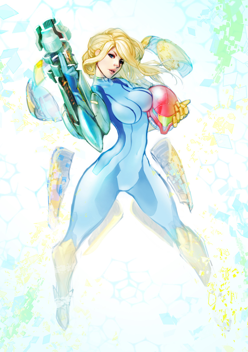 arm_cannon assault_visor blonde_hair blue_eyes bodysuit breast_press breasts commentary cropped_legs digital_dissolve english_commentary female green_visor helmet highres large_breasts lips long_hair louten metroid navel nose photoshop_(medium) samus_aran science_fiction self-upload skin_tight solo super_smash_bros. unworn_headwear unworn_helmet varia_suit weapon zero_suit