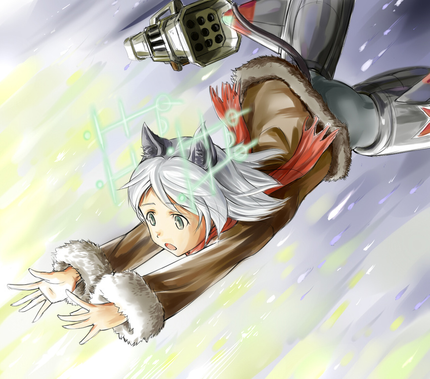 animal_ears ass cat_ears cat_girl cat_tail coat commentary_request female green_eyes hirschgeweih_antennas munmun open_mouth outstretched_arms pantyhose reaching rocket_launcher sanya_v._litvyak scarf short_hair solo strike_witches striker_unit tail weapon white_hair world_witches_series