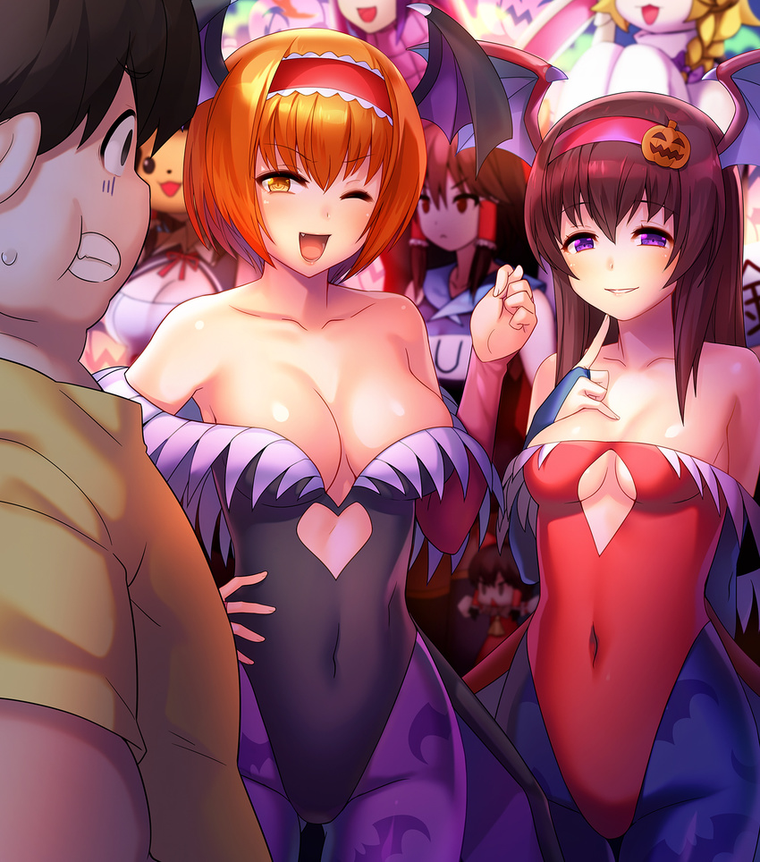 1boy 4girls alice_margatroid animal_print bare_shoulders bat_print blue_pantyhose blush bow breasts brown_eyes brown_hair character_request cleavage collarbone commentary cookie_(touhou) cosplay dragon_hisui_(cookie) fat fat_man hair_tubes hairbow hakurei_reimu highres hinase_(cookie) hisui_(cookie) ichigo_(cookie) kanna_(cookie) kirisame_marisa large_breasts leotard lilith_aensland lilith_aensland_(cosplay) long_hair looking_at_another looking_at_viewer looking_away mask morrigan_aensland morrigan_aensland_(cosplay) multiple_girls navel one_eye_closed open_mouth orange_hair pantyhose parted_lips photoshop_(medium) pikachu pokemon print_pantyhose purple_eyes purple_legwear red_bow reisen_udongein_inaba reu_(cookie) sakenomi_(cookie) school_swimsuit short_hair smile suzuki_(cookie) swimsuit tarmo touhou vampire_(game) yuuhi_(cookie)