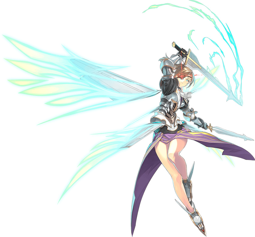 aqua_eyes armor brown_hair character_request dual_wielding eyepatch f-8_crusader female fighter_girl_chronicle full_body holding mecha_musume official_art shimotsuki_eight solo sword transparent_background weapon