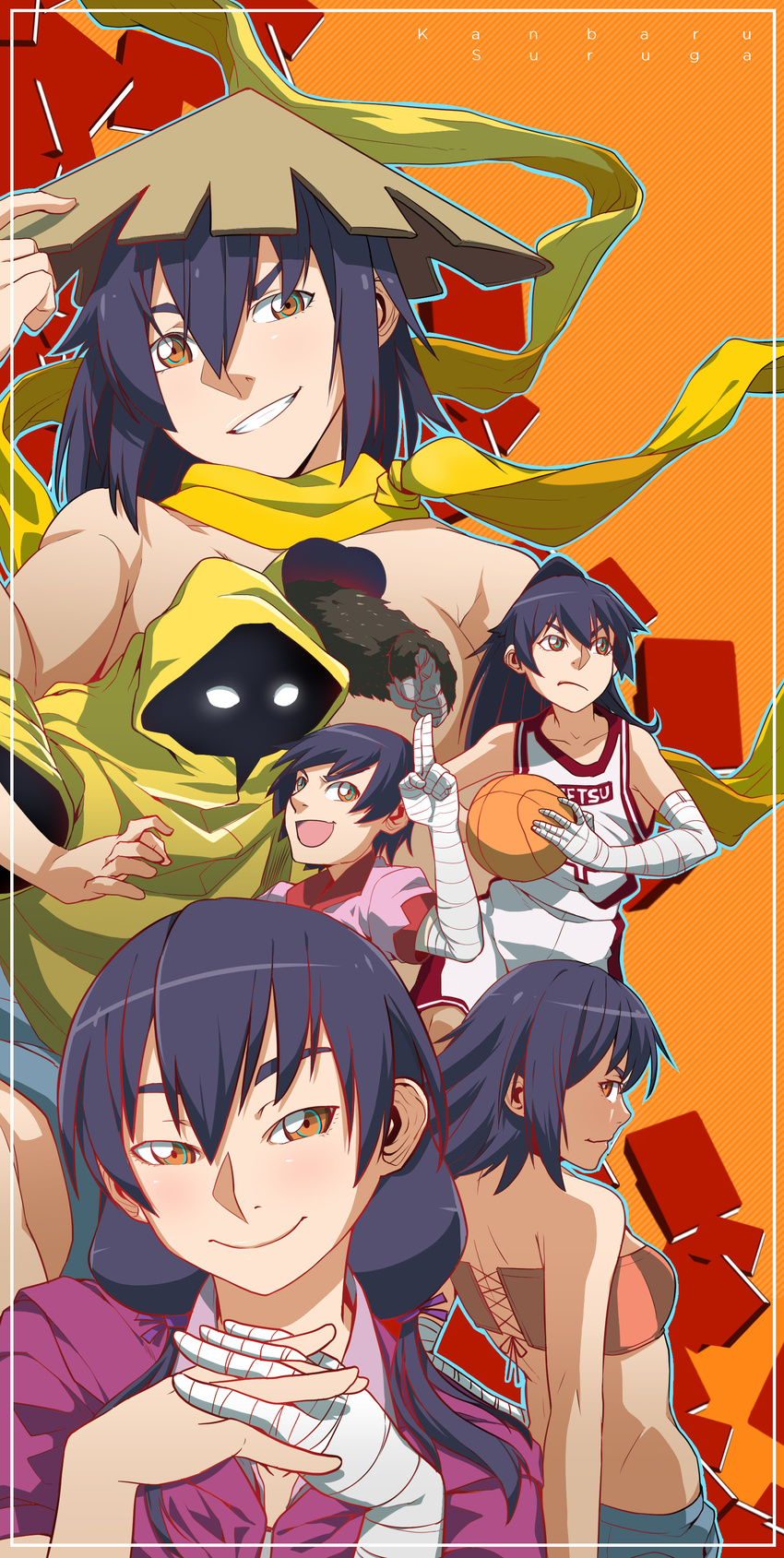 absurdres alternate_hairstyle bakemonogatari ball bandages basketball basketball_(object) basketball_uniform black_hair brown_eyes cete_(controllingtime) character_name clenched_hand collared_shirt commentary_request convenient_censoring female glowing glowing_eyes grin hand_on_headwear hat highres holding holding_ball interlocked_fingers kanbaru_suruga long_hair looking_at_viewer monkey_paw monogatari_(series) multiple_views naoetsu_high_school_uniform open_mouth ponytail raincoat scarf school_uniform shirt short_hair shorts sideways_glance smile smirk sportswear strapless tube_top twintails wing_collar