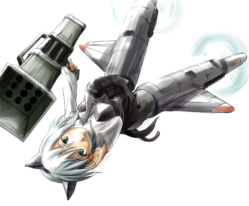 animal_ears black_necktie cat_ears cat_girl cat_tail commentary_request female fliegerhammer green_eyes grey_hair highres holding holding_weapon military military_uniform multishot_rocket_launcher munmun necktie pantyhose propeller rocket_launcher sanya_v._litvyak short_hair skirt smile solo strike_witches striker_unit tail uniform upside-down weapon world_witches_series