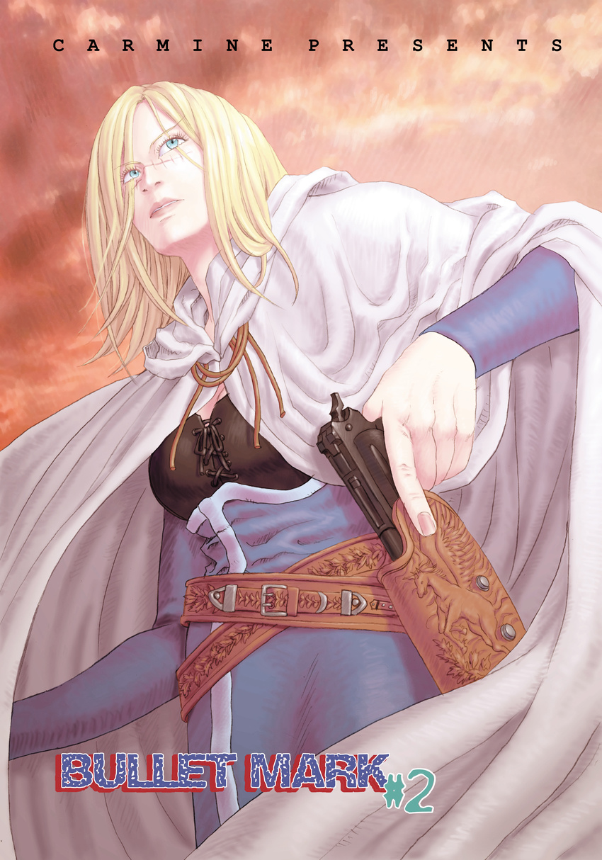 absurdres belt blonde_hair blue_eyes cape elza female gensou_suikoden gensou_suikoden_ii gun handgun highres holster long_hair outdoors pistol scar sen. sky solo suikoden suikoden_ii weapon