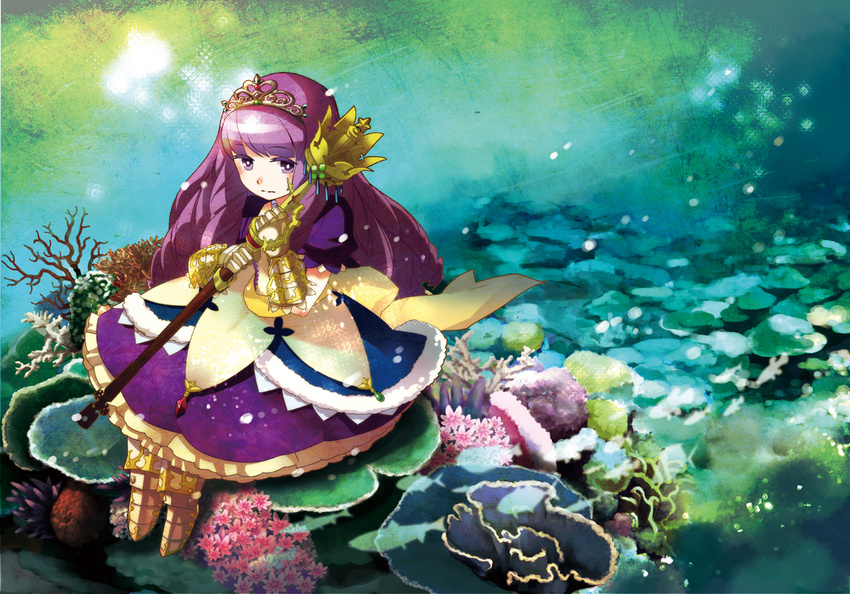 armor armored_dress commentary_request coral dress female gauntlets greaves kawasemi_(pocorit) long_hair princess_(sekaiju) princess_4_(sekaiju) purple_eyes purple_hair scepter sekaiju_no_meikyuu sekaiju_no_meikyuu_3 solo tiara underwater