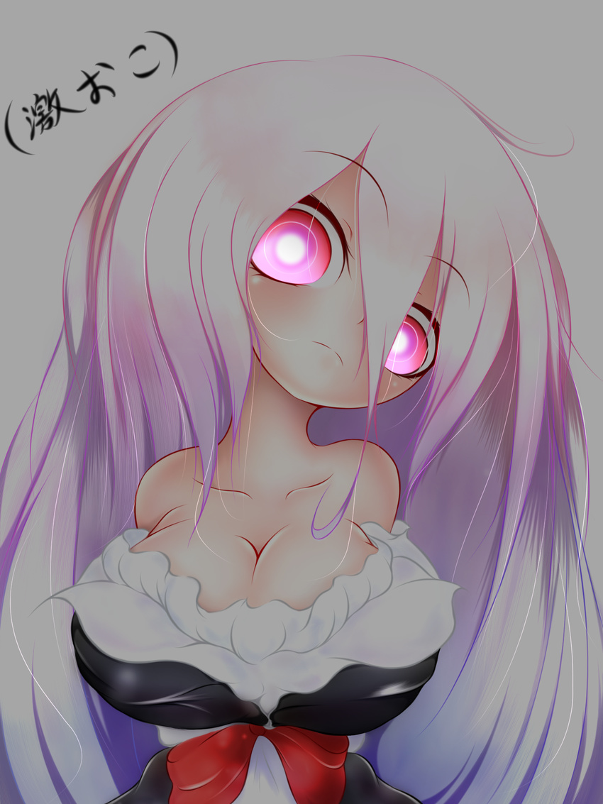 absurdly_long_hair bare_shoulders breasts cleavage commentary_request denka_plus detached_sleeves dress female glowing glowing_eyes head_tilt highres large_breasts long_hair looking_at_viewer original pink_eyes pink_hair raspberry_trifle solo very_long_hair