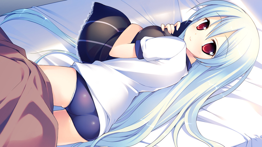 aete_mushisuru_kimi_to_no_mirai alternate_hairstyle aqua_hair ass bed buruma female game_cg gym_uniform hair_down hugging_object light_smile long_hair lying on_side panties panties_under_buruma panty_peek pillow pillow_hug red_eyes sawatari_nanagi solo takoyaki_(roast) under_covers underwear very_long_hair white_panties