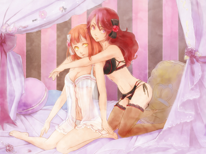 2girls arms_around_neck babydoll barefoot bed black_bra black_legwear black_panties bra breasts cheri commentary_request frills garter_belt hair_ornament hair_ribbon kneeling lingerie lips long_hair looking_at_viewer medium_breasts multiple_girls nanami_haruka navel negligee panties pillow pink_hair purple_eyes red_hair ribbon shibuya_tomochika short_hair sitting striped_clothes striped_panties thighhighs underwear underwear_only uta_no_prince-sama vertical-striped_clothes vertical-striped_panties wariza white_bra white_panties yellow_eyes yuri