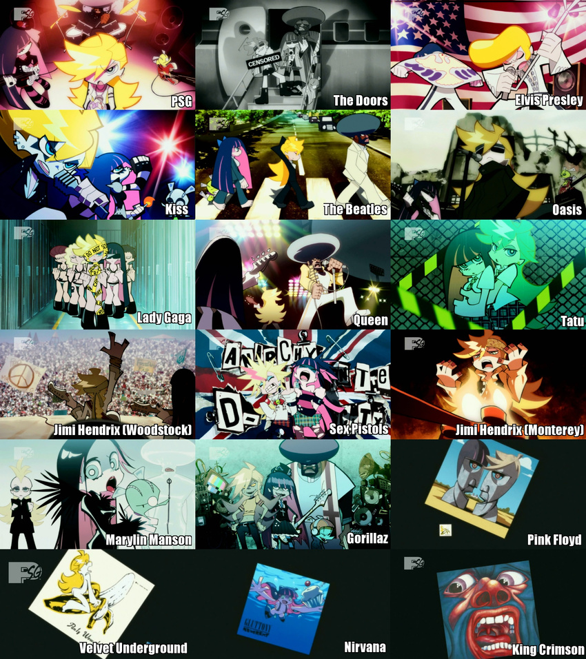 1boy 5girls abbey_road absurdres afro album_cover album_cover_redraw anime_screenshot annotated brand_name_imitation chuck_(psg) collage comparison cover crosswalk cupcake derivative_work elvis_presley food garterbelt_(psg) gimp_(medium) gorillaz heavy_metal highres in_the_court_of_the_crimson_king jimi_hendrix king_crimson kiss_(rock_band) lady_gaga_(copyright) marilyn_manson mtv multiple_girls nevermind nirvana_(band) non-web_source panty_&_stocking_with_garterbelt panty_(psg) parody pink_floyd queen_(band) sex_pistols stocking_(psg) tatu telephone_(lady_gaga) the_beatles typo velvet_underground