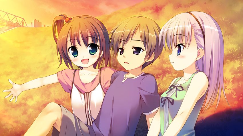 1boy 2girls :d aete_mushisuru_kimi_to_no_mirai aged_down blue_eyes blush brown_hair casual game_cg girl_sandwich green_eyes hair_bobbles hair_ornament hairband light_purple_hair light_smile lolicon manabe_kei multiple_girls open_mouth outstretched_arm outstretched_hand purple_eyes sandwiched side_ponytail smile takoyaki_(roast) tanaka_ruru