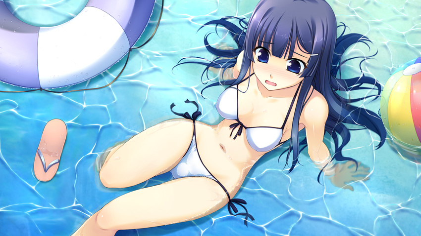 aete_mushisuru_kimi_to_no_mirai arm_support ball beachball bikini blue_eyes blue_hair blush female front-tie_top game_cg hair_ornament hairclip innertube kazami_haruki long_hair misaki_souka navel open_mouth partially_submerged sandals shoes side-tie_bikini_bottom solo swim_ring swimsuit unworn_shoes water wavy_mouth wet white_bikini