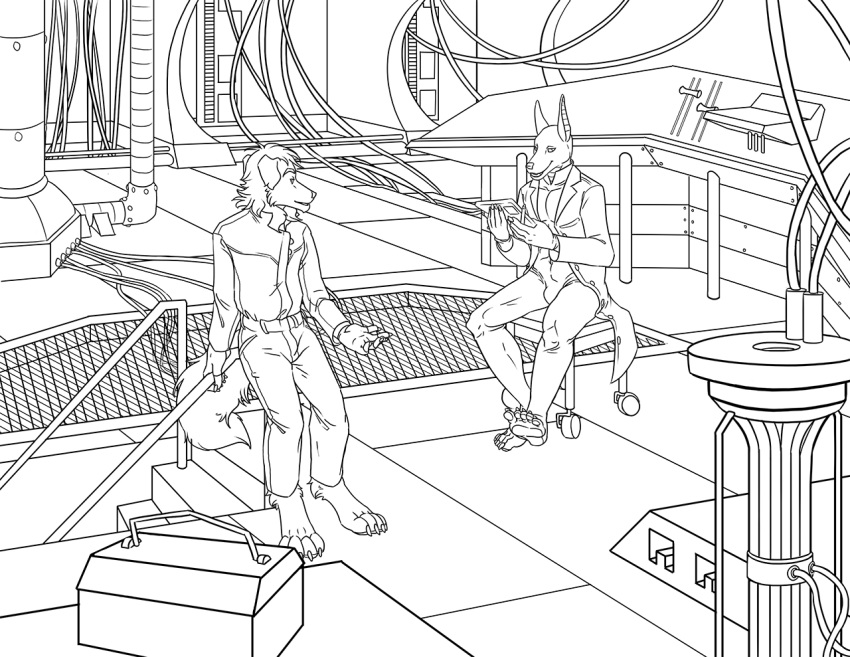 alien anthro black_and_white canid canine canis control_room dialogue digital_drawing_(artwork) digital_media_(artwork) domestic_dog duo jackal line_art male mammal monochrome science_fiction sitting tail text thestory wire