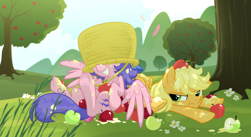 apple applejack_(mlp) applejack_(mlp_g1) basket blonde_hair cloud container cutie_mark detailed_background duo earth_pony equid equine feathered_wings feathers female feral firefly_(pre-g4) flower food friendship_is_magic fruit goatanimedatingsim green_eyes hair hasbro hi_res horse mammal mlp_g1 my_little_pony my_little_pony_'n_friends mythological_creature mythological_equine mythology nude outside pegasus plant pony pre-g4 quadruped sky smile style_emulation tail toony tree wings wood