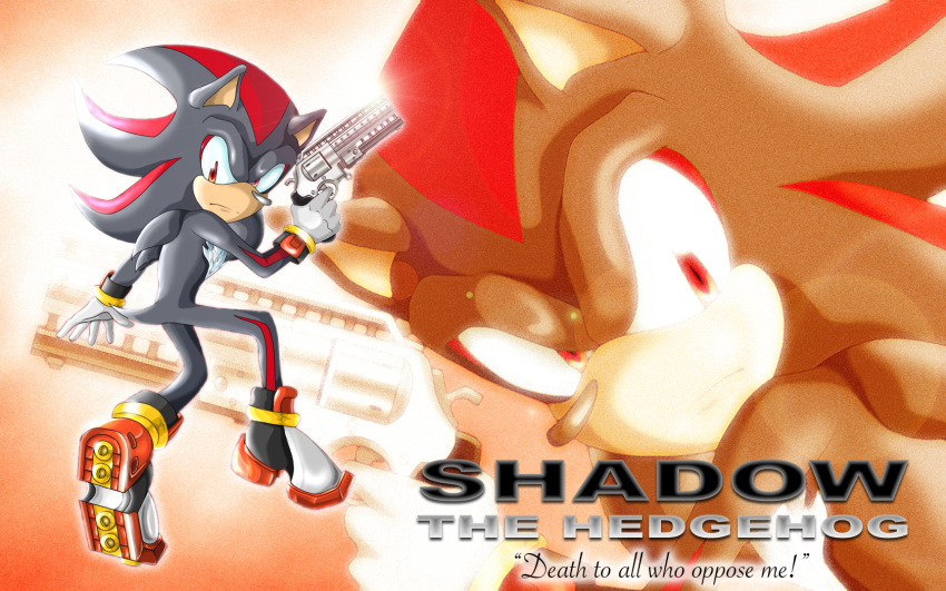 16:10 anthro black_body black_fur deaffinity deannart english_text eulipotyphlan frown fur gun hair hedgehog hi_res looking_back male mammal multicolored_hair ranged_weapon red_eyes sega shadow_the_hedgehog solo sonic_the_hedgehog_(series) text two_tone_hair weapon widescreen