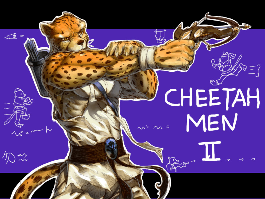 4:3 abs action_52 aiming anthro arrow_(weapon) belt biceps bottomwear brown_eyes cheetah cheetahmen claws clothed clothing crossbow digital_media_(artwork) felid feline fur hi_res holding_object holding_weapon letterbox male mammal muscular muscular_anthro muscular_male nipples open_clothing open_shirt open_topwear pants pecs pose purple_background quiver_(object) ranged_weapon shirt simple_background solo spots tail tan_bottomwear tan_clothing tokonatu topwear torn_clothing torn_topwear weapon white_clothing white_topwear wraps