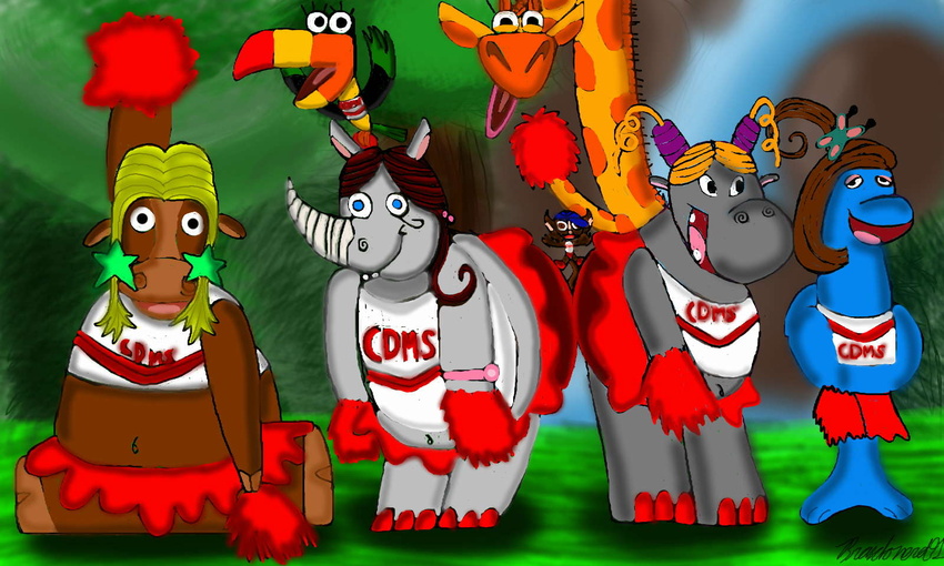 5:3 avian bird cartoon_network cdms_jungle_squad cheerleader clothing costume dickie_sugarjumper female forest group hair hat headgear headwear hi_res ingrid_giraffe joanie_ox jungle keel-billed_toucan latanya_hippo lupe_toucan male margaret_rhino my_gym_partner's_a_monkey outside overweight plant pom_poms ponytail ramphastos rock toucan tree twintails unknown_artist vines water waterfall