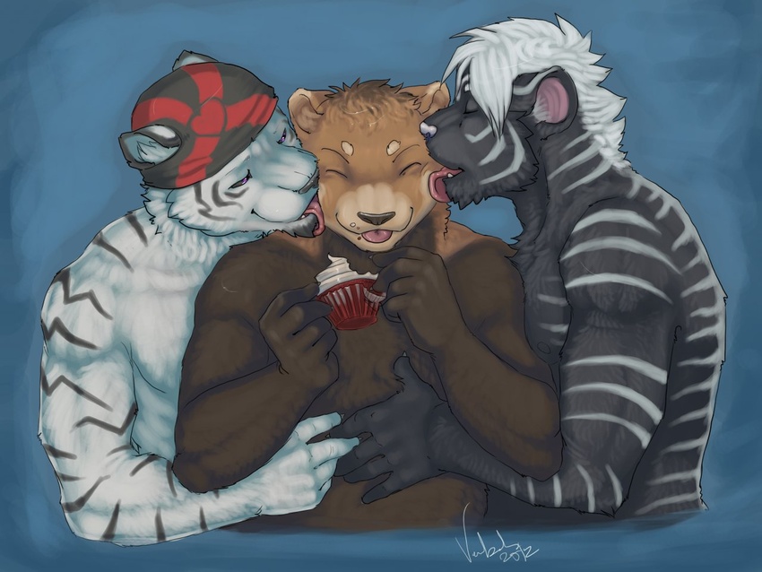 4:3 ailurid anthro biceps big_muscles cupcake felid food fur group kissing licking male mammal muscular muscular_male pantherine red_panda rivers simple_background tiger tongue tongue_out voondahbayosh