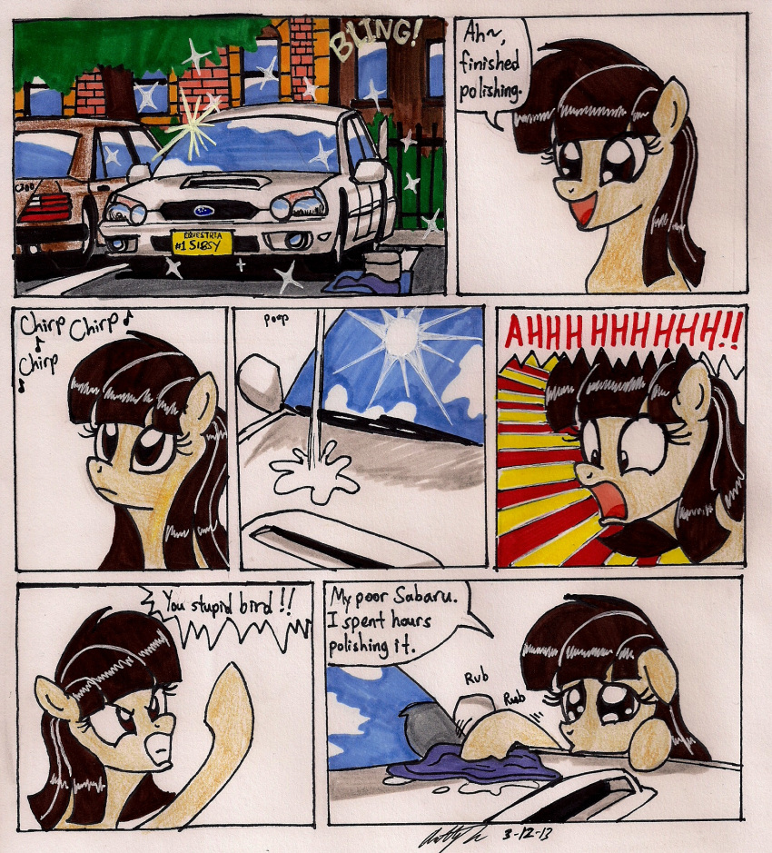 :o angry bird_feces car english_text equid equine female friendship_is_magic hasbro hi_res mammal marker_(artwork) my_little_pony mythological_creature mythological_equine mythology newyorkx3 open_mouth pegasus solo subaru text traditional_media_(artwork) vehicle wild_fire_(mlp) wings