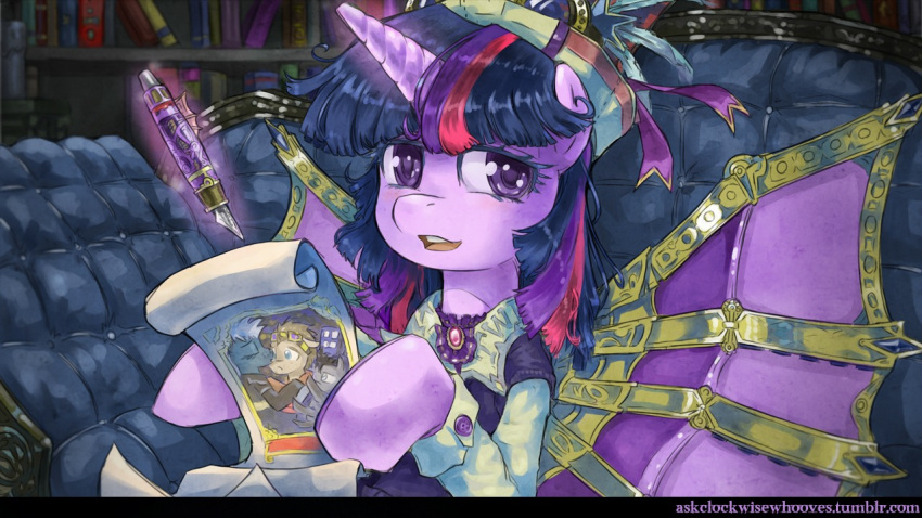 16:9 alternative_fashion classy clothed clothing equid equine female feral friendship_is_magic fur hair hasbro horn mammal membrane_(anatomy) membranous_wings multicolored_hair my_little_pony mythological_creature mythological_equine mythology pen purple_body purple_eyes purple_fur purple_hair saturnspace sitting solo steampunk text twilight_sparkle_(mlp) two_tone_hair unicorn url widescreen wings