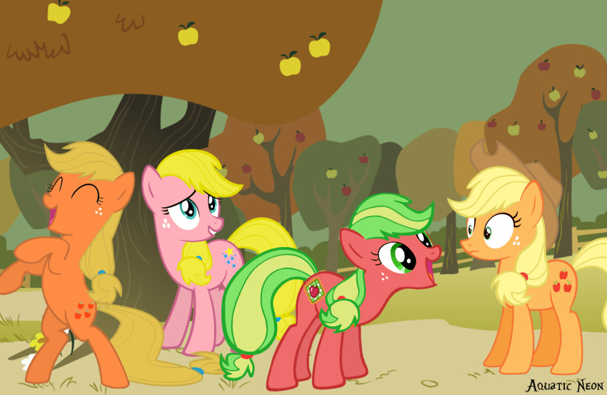 2012 applejack_(mlp) applejack_(mlp_g1) applejack_(mlp_g3) aquaticneon blonde_hair blue_eyes closed_eyes cowboy_cat crossover cutie_mark detailed_background earth_pony english_text equid equine excited female feral forest freckles friendship_is_magic fur g1 green_eyes green_hair group hair hasbro hi_res horse mammal mlp_g1 mlp_g3 multicolored_hair my_little_pony my_little_pony_'n_friends my_little_pony_(2003) my_little_pony_tales on_model orange_body orange_fur outside past_meets_present pink_body pink_fur plant pony pre-g4 red_body red_fur square_crossover starlight_(mlpt) style_emulation surprise text tree two_tone_hair