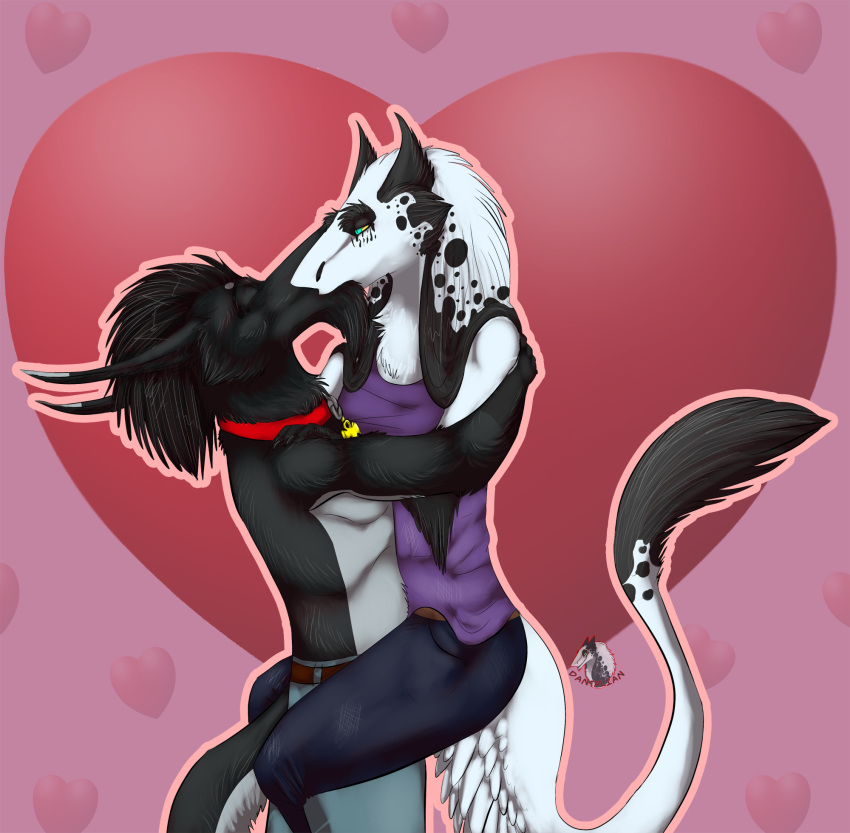 anthro azzo black_body black_fur clothing collar dantalian_letrou dantalian_letrou_(character) duo female fur gremmou hair happy heart_symbol hi_res hug kissing love male mammal sergal tail together_(disambiguation) white_body white_fur