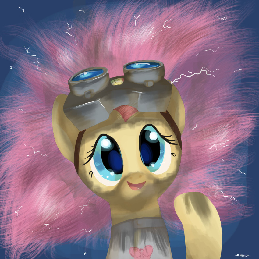 1:1 blue_background blue_eyes clothing crossover dirty docwario dr._adorable_(mlp) dr._horrible's_sing-along_blog dr._horrible_(dhsab) equid equine eyelashes eyewear female feral fluttershy_(mlp) friendship_is_magic goggles hair hasbro heart_symbol hi_res horse looking_at_viewer mad_scientist mammal my_little_pony pink_hair pony simple_background smile solo sparks yellow_body